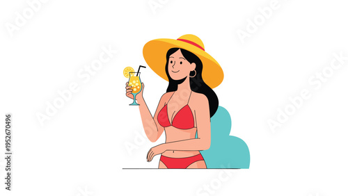 Smiling woman in a red bikini enjoys a refreshing tropical cocktail while wearing a wide-brimmed sun hat on a summer vacation at the beach.
