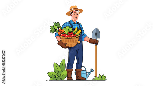 Harvest bounty: A dedicated farmer proudly displays the fruits of labor, a basket brimming with a variety of fresh produce. A symbol of sustenance and natural abundance.