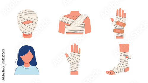Medical illustration showing different types of professional bandages applied to the head, torso, arm, hand, ankle, and foot for injury recovery.