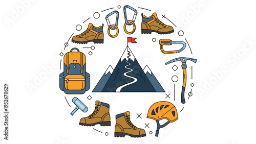 Circular arrangement of mountain climbing and hiking equipment featuring boots, carabiners, an ice axe, helmet, backpack, and a path to the summit.