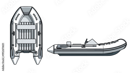 Detailed technical drawing of an inflatable motor boat from both top and side views showing the structure, seats, oars, and motor mount for safety.