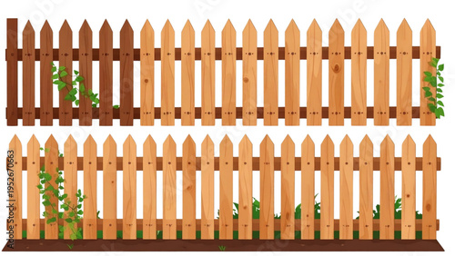 Sequence of building a wooden picket fence from post to full structure with green vine flat vector illustration isolated on white background for garden DIY