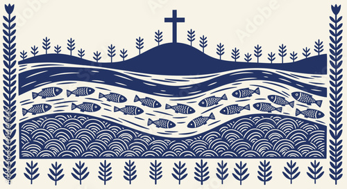 Easter celebration concept with cross on hill fish in water and wheat symbolizing faith renewal and abundance on holy day