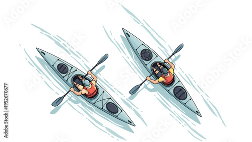 Top view of two people paddling kayaks across the water surface creating ripples during a recreational sporting activity on a lake or river.