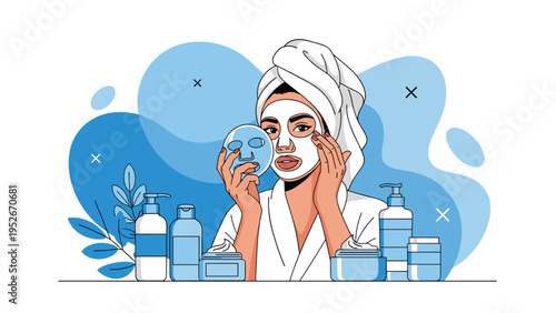 Young woman in a white bathrobe applies a refreshing cosmetic sheet mask to her face surrounded by various skincare products and beauty bottles.