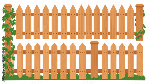 Sequence of building a wooden picket fence from post to full structure with green vine flat vector illustration isolated on white background for garden DIY