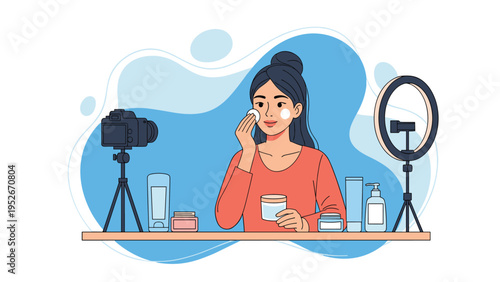 Professional beauty influencer records a skincare tutorial for her vlog using a camera and ring light while applying cream to her face at home.