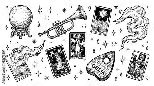 Mystical and Occult Hand Drawn Vector Illustration Set featuring Tarot Cards, Crystal Ball, and Spirit Board Planchette in Vintage Engraving Style
