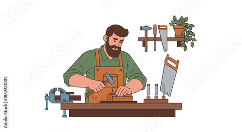 Bearded man in an apron working as a carpenter, chiseling wood at a workbench with various tools.