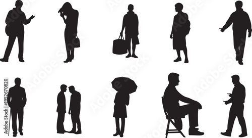 Vector set of business people silhouettes featuring office work, laptop usage, and professional corporate communication.