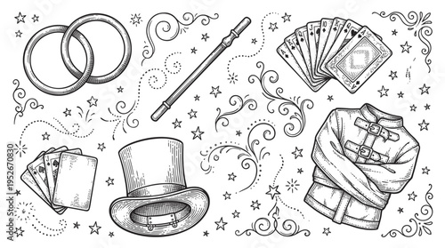 Vintage Magic Tricks and Magician Equipment Vector Set Featuring Top Hat, Wand, Playing Cards and Straitjacket in Engraving Style