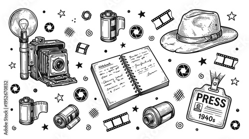 Vintage Photojournalism and Retro Photography Vector Set with Antique Bellows Camera, Press Badge, Film Rolls, and Reporter Notebook