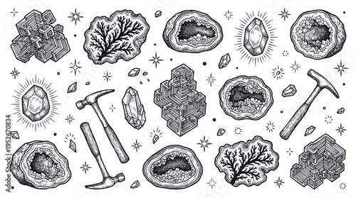 Hand Drawn Vector Illustration Set of Minerals, Crystals, Geodes and Geologist Hammers in Vintage Engraving Style