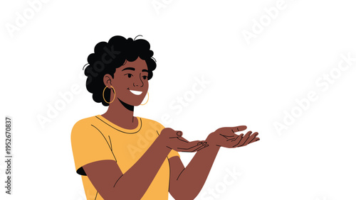 Friendly woman with dark curly hair and hoop earrings gestures with her hands as if presenting an invisible object or explaining a new concept.