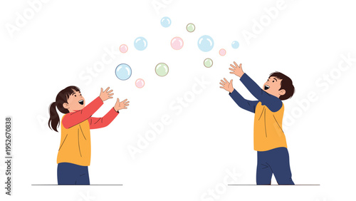 Two happy children reach up to catch colorful floating soap bubbles in the air during an active play session outdoors against a white background.