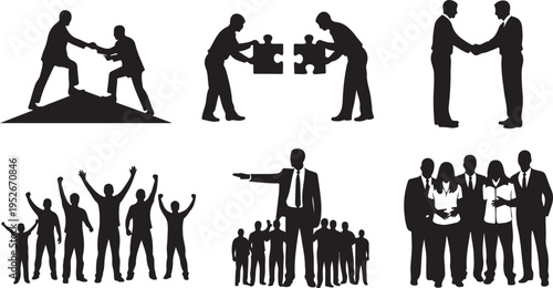 Vector set of business success and teamwork silhouettes featuring collaboration, helping hands, puzzle pieces, and winning team celebrations.