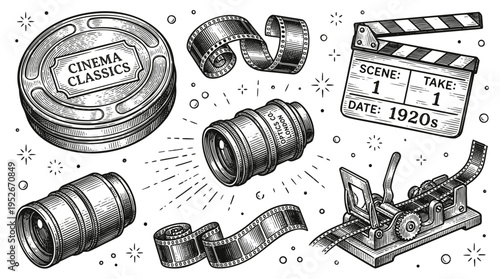 Vintage Cinema and Movie Making Equipment Set Engraving Vector Illustration with Film Reel Clapperboard and Camera Lenses
