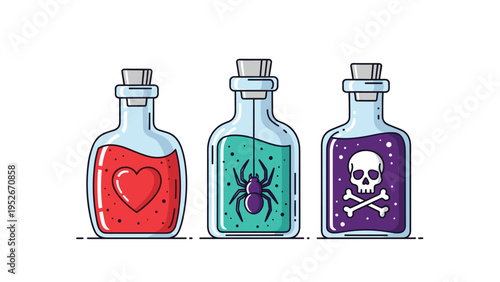 Trio of glass potion bottles containing magical liquids for love, spiders, and poison with symbolic icons on the labels for a fantasy theme.