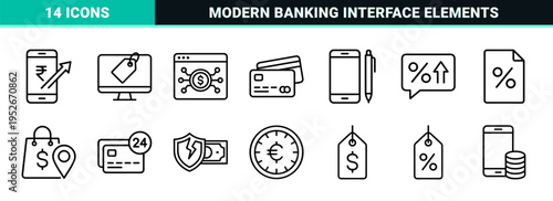 Fintech and Digital Banking Monoline Icon Set featuring Online Payment, Financial Security, and Currency Exchange Symbols in Minimalist Style.