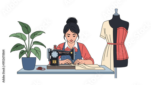 Skilled seamstress working at a vintage sewing machine in a creative studio with a dress form and a potted plant for a professional fashion design.