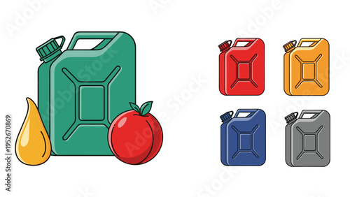 Collection of colorful fuel canisters including a green bio-energy jug with an apple and oil drop icon for sustainable transportation concepts.