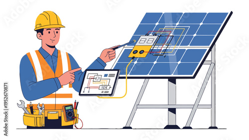 Renewable Energy Technician: An electrician is depicted in a graphic, focusing on renewable energy and solar panels for sustainability and environmental conservation.