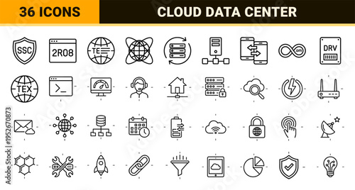 Cloud Computing and Web Hosting Technical Monoline Icon Set featuring Minimalist Server Network and Data Center Infrastructure Symbols