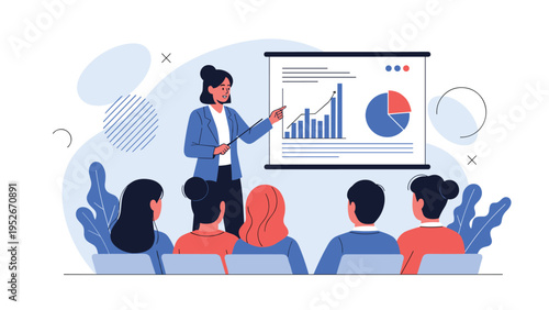 Business professional woman uses a pointer to explain growth charts and data visualizations on a projector screen to a seated corporate audience.