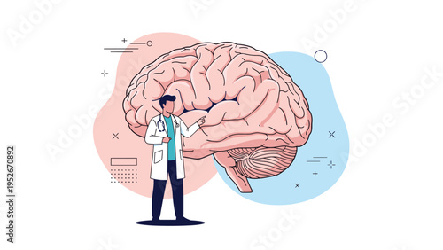 Male doctor in a white lab coat points towards a large diagram of the human brain to explain neurological functions and medical health conditions.
