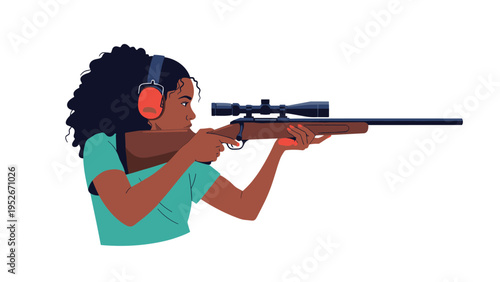 Young woman with curly hair wears ear protection while carefully aiming a long-range rifle with a scope during a target shooting session outdoors.