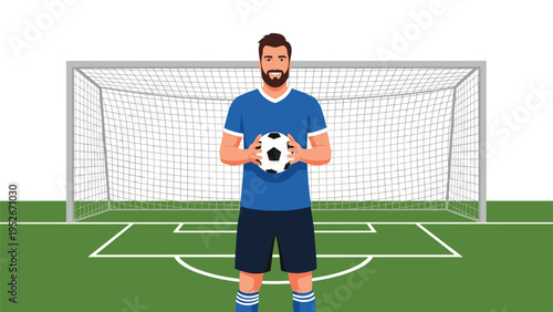 Professional soccer goalkeeper in a blue uniform holds a football while standing in front of the goal net on a green pitch before a major match.