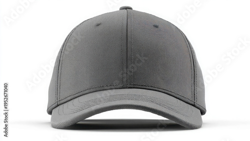 A plain grey baseball cap, front view, isolated on a white background, for casual wear or branding.