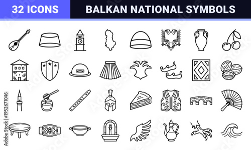 Albanian National Heritage Symbols Technical Monoline Outlines for Balkan Cultural Identity and Mediterranean Tourism Design UI