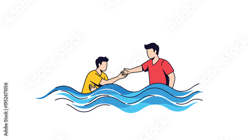 Brave rescuer reaches out a helping hand to pull a drowning man from the turbulent ocean water during a critical emergency at sea or on a lake.