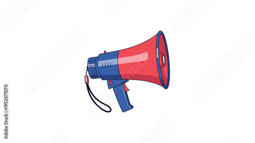 Professional red and blue megaphone for public speaking and announcements stands out against a clean white background in a simple flat vector style.