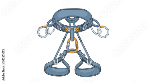 Durable rock climbing harness with metal carabiners and adjustable straps is shown as a piece of essential safety gear for mountain sports activity.