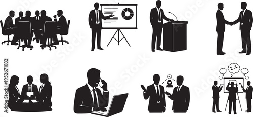 Vector set of business people silhouettes featuring corporate meetings, presentations, handshakes, and office teamwork scenes.