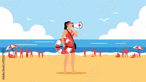 Female lifeguard stands on a crowded beach using a megaphone to alert swimmers while holding a lifebuoy under a blue sunny sky with white clouds.