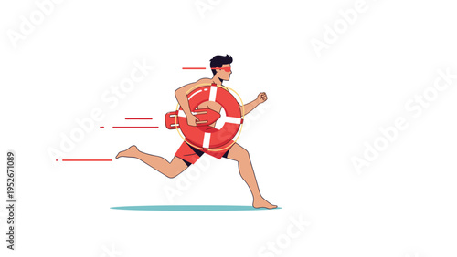 Energetic lifeguard runs quickly across the sandy beach carrying a lifebuoy and rescue can to perform a mission in a bright coastal setting scene.