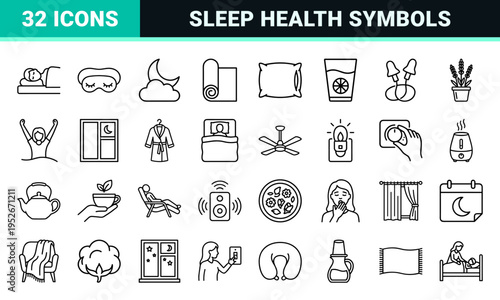 Professional Sleep Hygiene and Wellness Line Art Symbols featuring Minimalist Monoline Aesthetics for Mobile Apps and Healthcare Design.