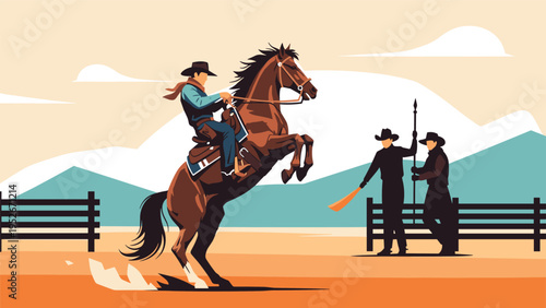 Skillful cowboy rides a brown horse as it rears up on its hind legs in a dusty western landscape with other ranch hands watching the rodeo action.