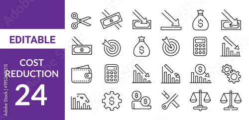 Cost Reduction,Loan set of web icons in line style. Loan and Credit linear icon collection. Containing loan, money, 