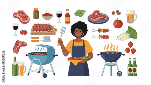Smiling woman in an apron holds a tray of meat and a spatula surrounded by many colorful icons for an outdoor barbecue party in a garden setting.