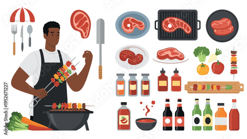 Enthusiastic man grills meat on a barbecue while surrounded by various icons of grilled food, drinks, sauces, and professional cooking equipment.