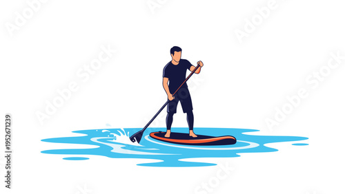 Active man stands on a paddleboard and uses a long oar to navigate through clear blue water in a peaceful outdoor recreation setting during summer.