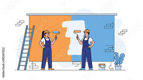 Two professional painters in blue overalls and hard hats use rollers to apply paint to a large billboard or wall in an industrial construction site.