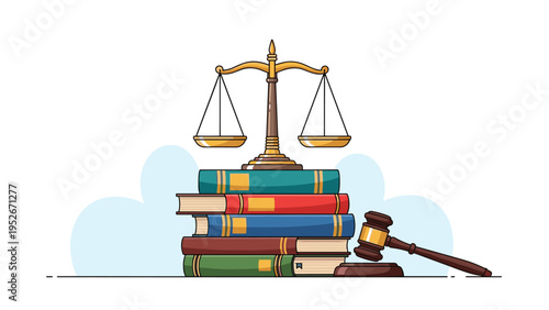 Golden scales of justice sit atop a stack of colorful law books with a wooden gavel resting nearby against a cloudy blue sky background scene.