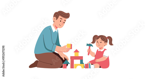 A happy father and his young daughter playing together with colorful building blocks on the floor, enjoying quality time.