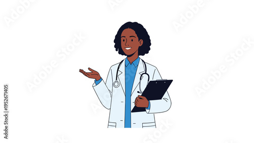 Friendly African American female doctor in a white lab coat holds a clipboard and gestures while providing medical advice to a patient in a clinic.