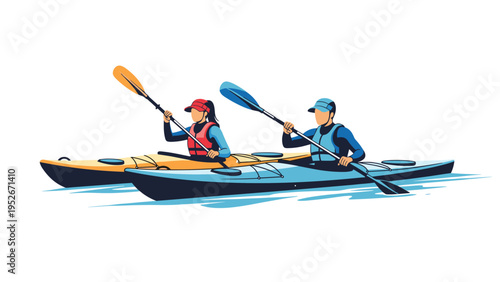 Man and woman in red and blue life jackets paddle their orange and blue kayaks together across the water in a side view of their outdoor journey.
